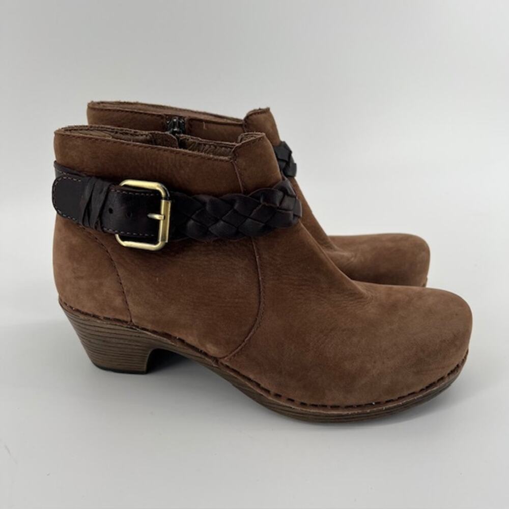 Dansko Brown Suede Ankle Heeled Boots with Dark Brown Braided Strap